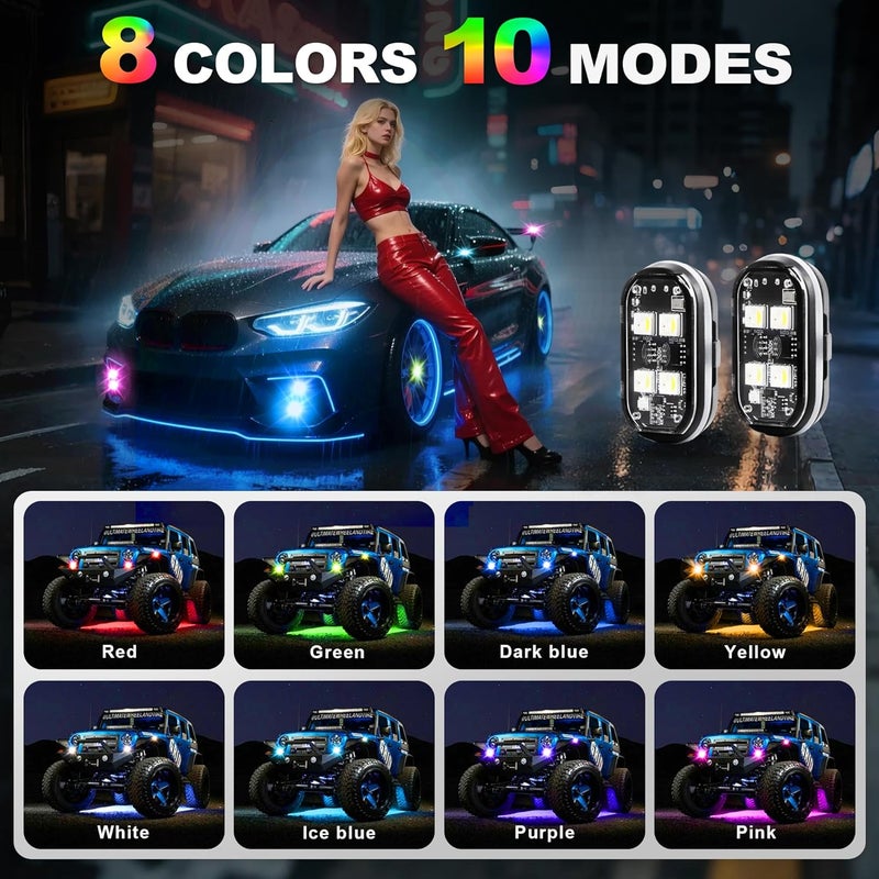 HISUMER 8PCS 4-LED Wireless LED Strobe Lights with Remote Control High Brightness Wireless led Light 8 Color Waterproof Anti-Collision Warning Lights for Car Motorcycle Drone Truck Bike - Image 2